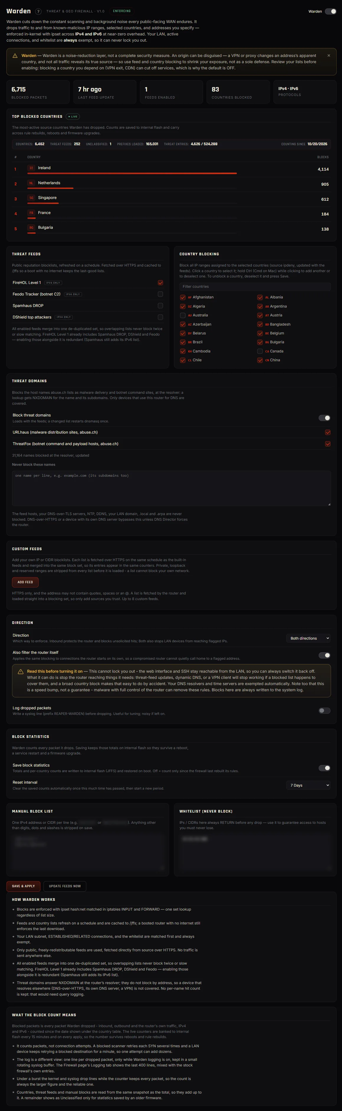 Reaper Warden threat and geographic firewall interface.