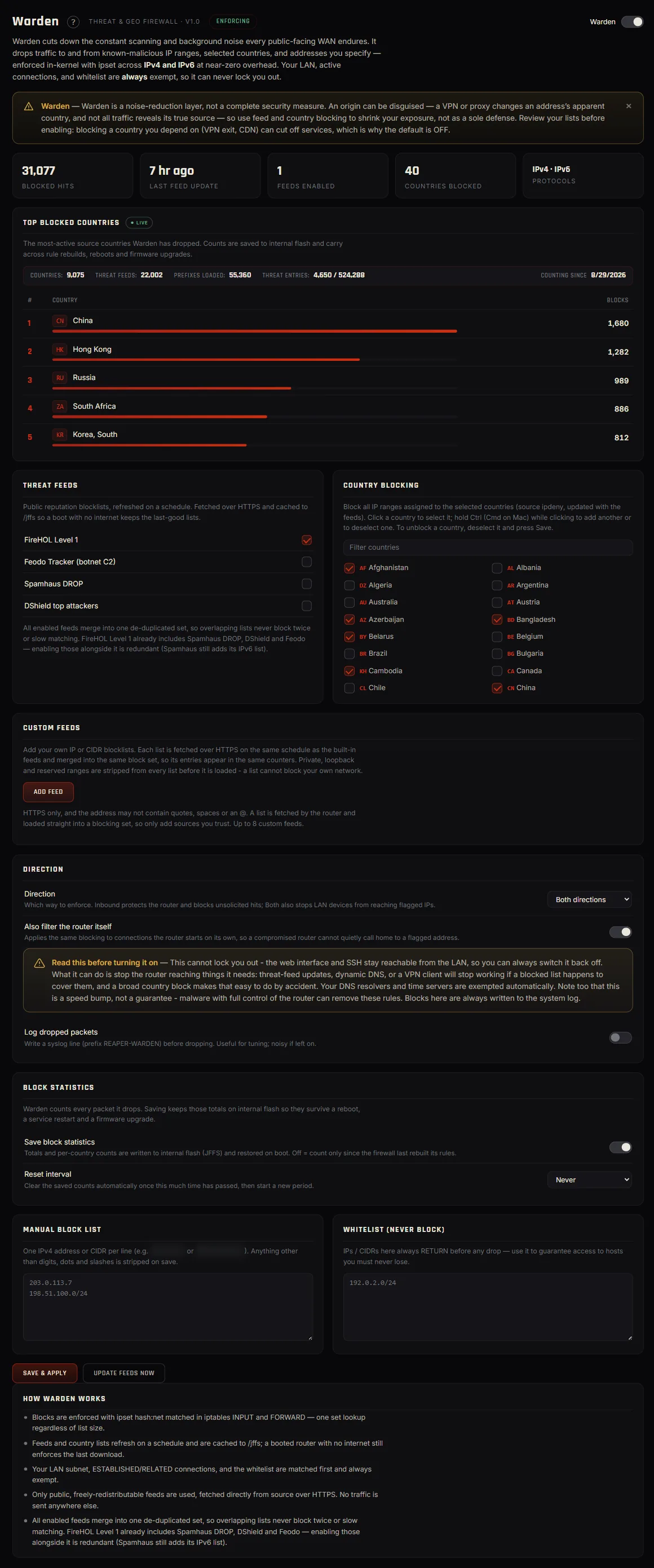 Reaper Warden threat and geographic firewall interface.